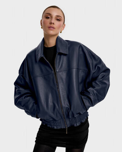 Leather Bomber Jacket Dark Blue